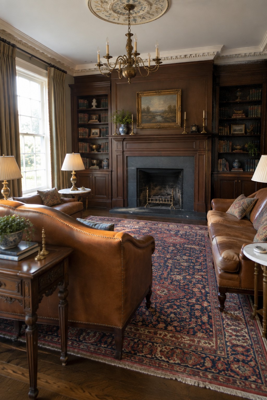 A traditional living room with dark wood built-in bookshelves flanking a central fireplace, two brown leather sofas facing each other across a large patterned rug, and a brass chandelier overhead.