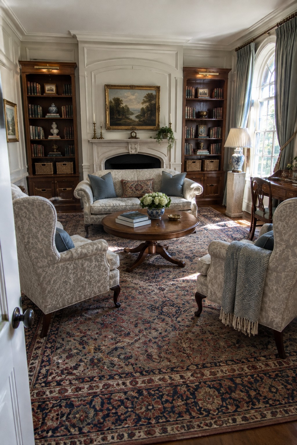Elegant traditional living room with fireplace, bookshelves, sofa, armchairs, and round coffee table on rug.