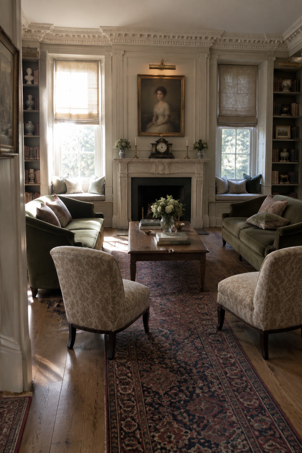 Elegant living room with green velvet sofas, floral chairs, Persian rug, and fireplace portrait.