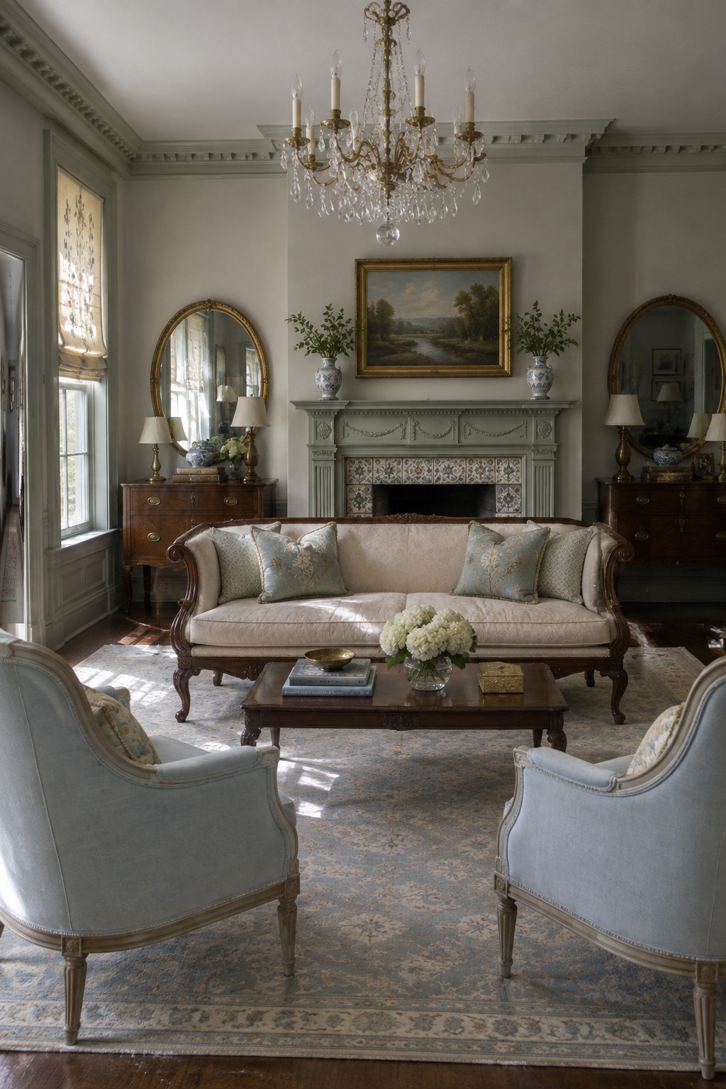 A traditional living room featuring a central beige sofa flanked by two light blue armchairs, a wooden coffee table, and a fireplace with gray molding between two oval mirrors.