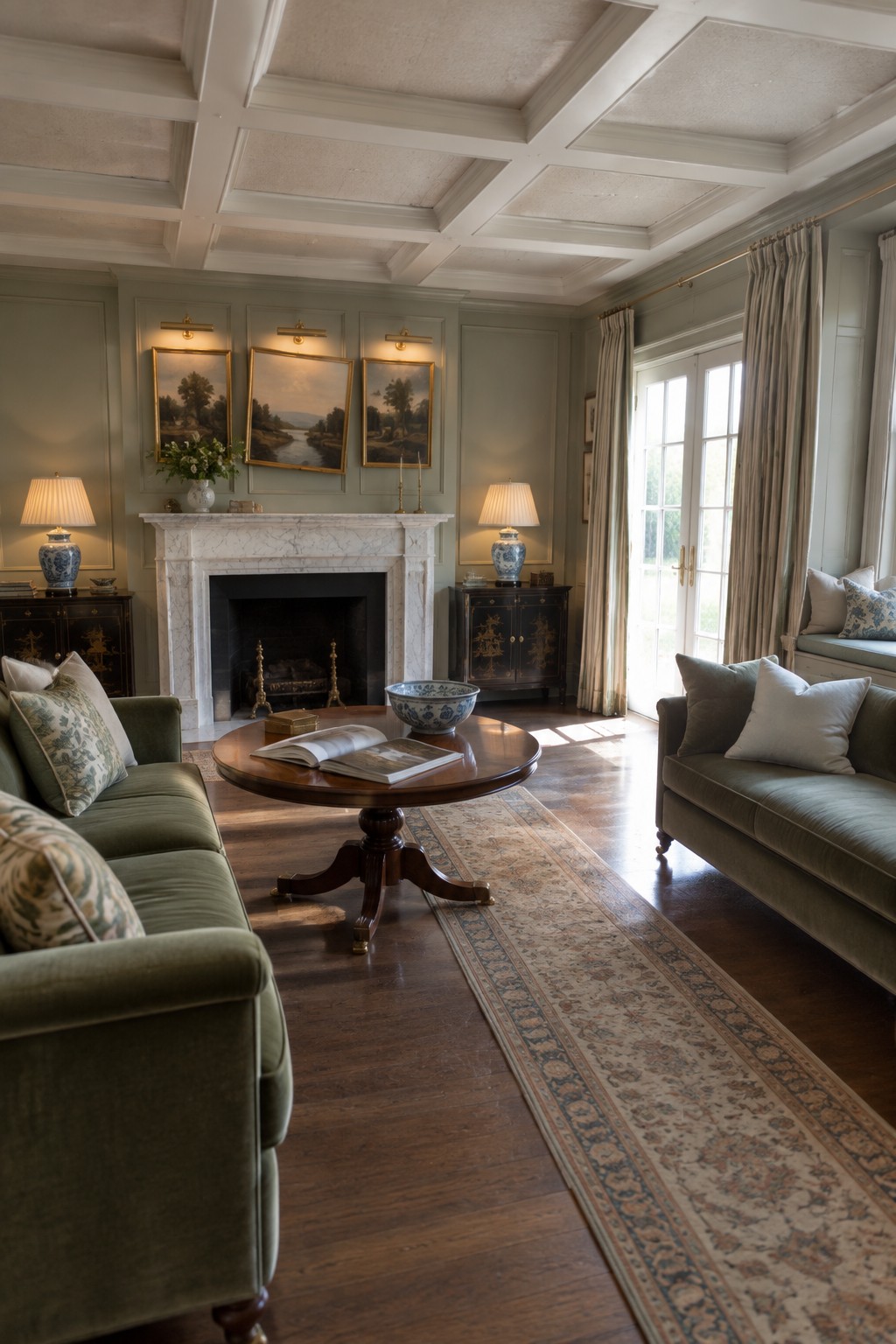 Elegant living room with green velvet sofas, round table, marble fireplace, and patterned rug.