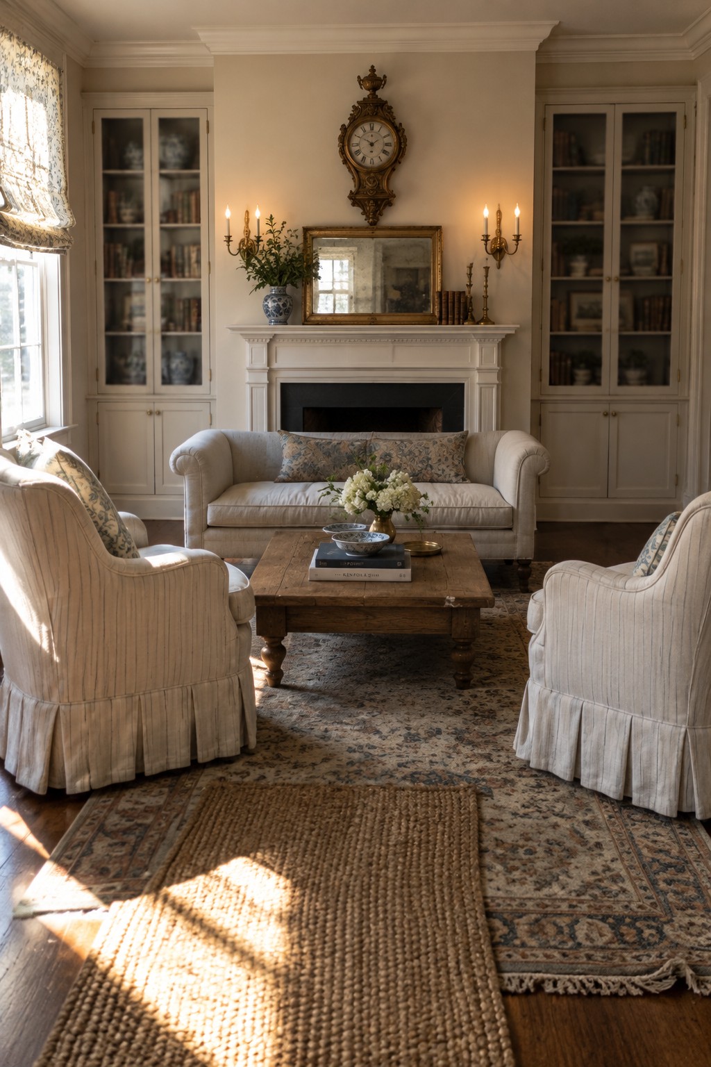 A traditional living room with two matching armchairs flanking a sofa that faces a fireplace, built-in bookshelves on both sides, and an ornate clock above the mantel.