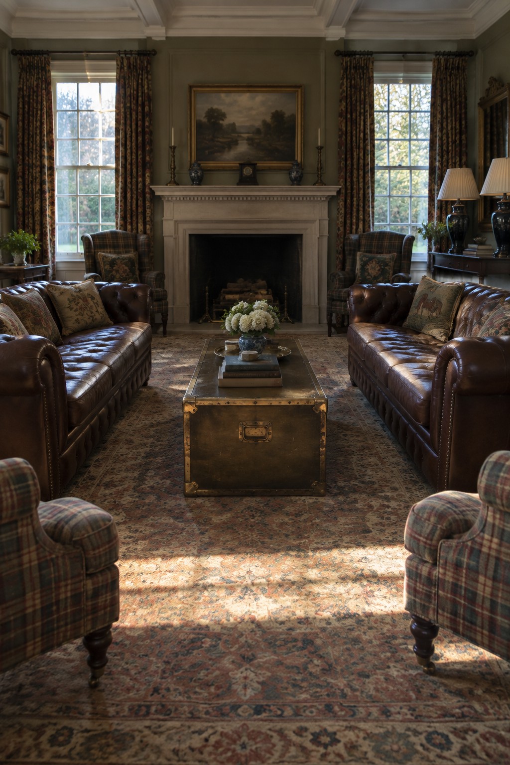 A traditional living room featuring two brown leather sofas facing each other across a metal trunk coffee table, with plaid armchairs on either side and a fireplace centered on the back wall.
