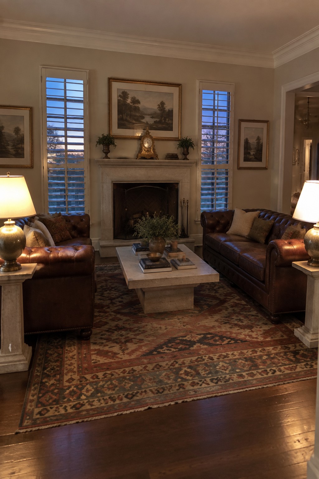 Cozy living room with brown leather sofas, marble coffee table, and patterned rug.