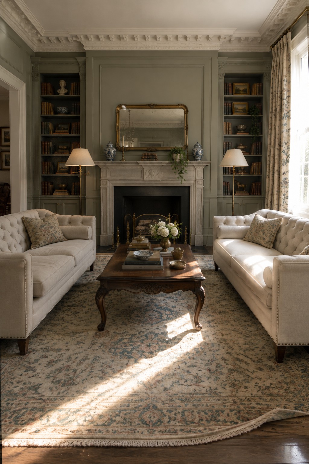 A traditional living room featuring two off-white tufted sofas facing each other across a wooden coffee table, with matching built-in bookshelves on either side of a fireplace topped by a large mirror.