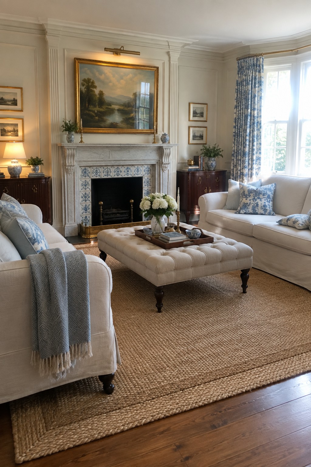 Elegant living room with marble fireplace, white sofas, blue pillows, and tufted ottoman