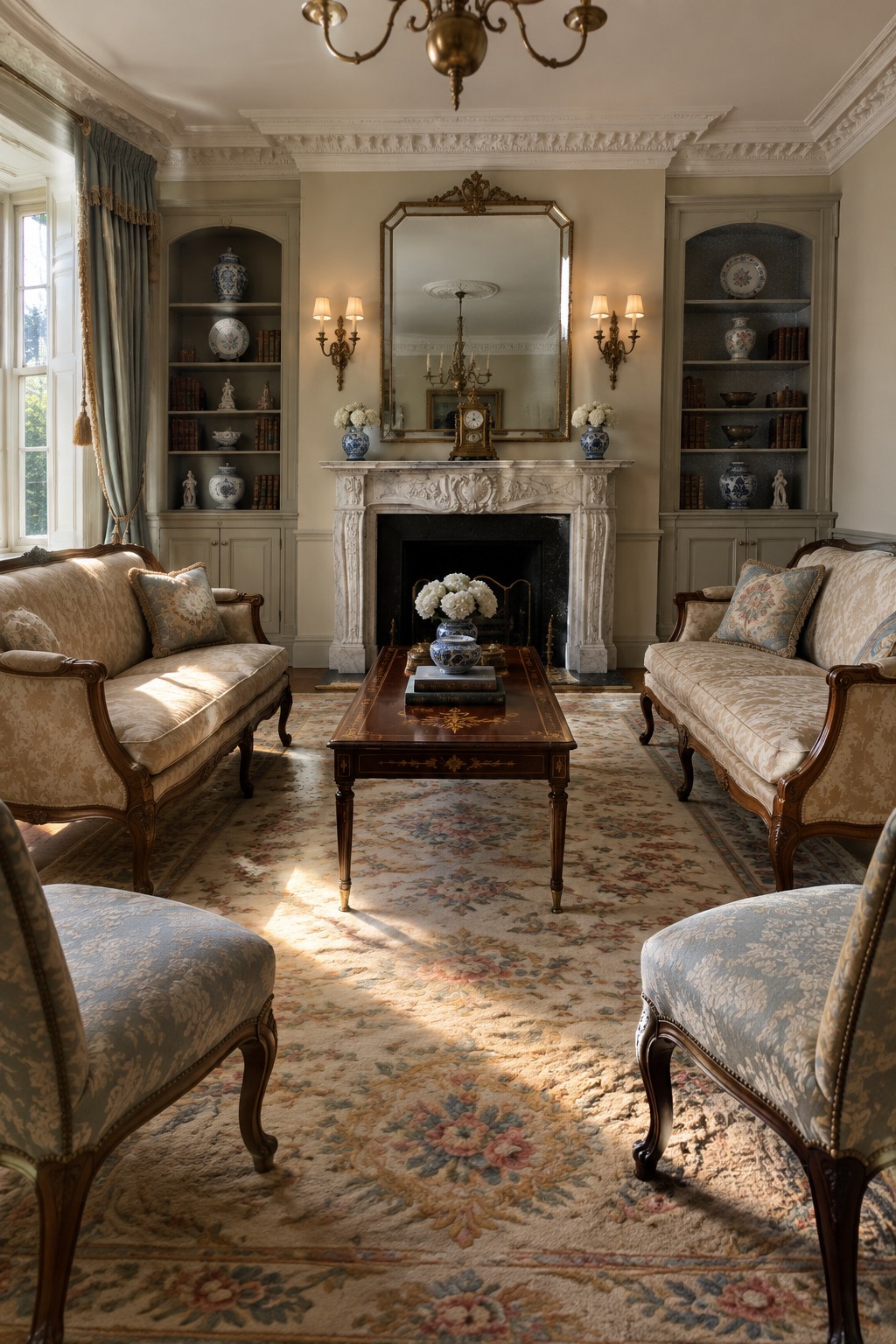 Traditional living room with two matching floral sofas facing each other across a dark wood coffee table, built-in bookshelves on both sides of a white fireplace, and a large mirror above the mantel.