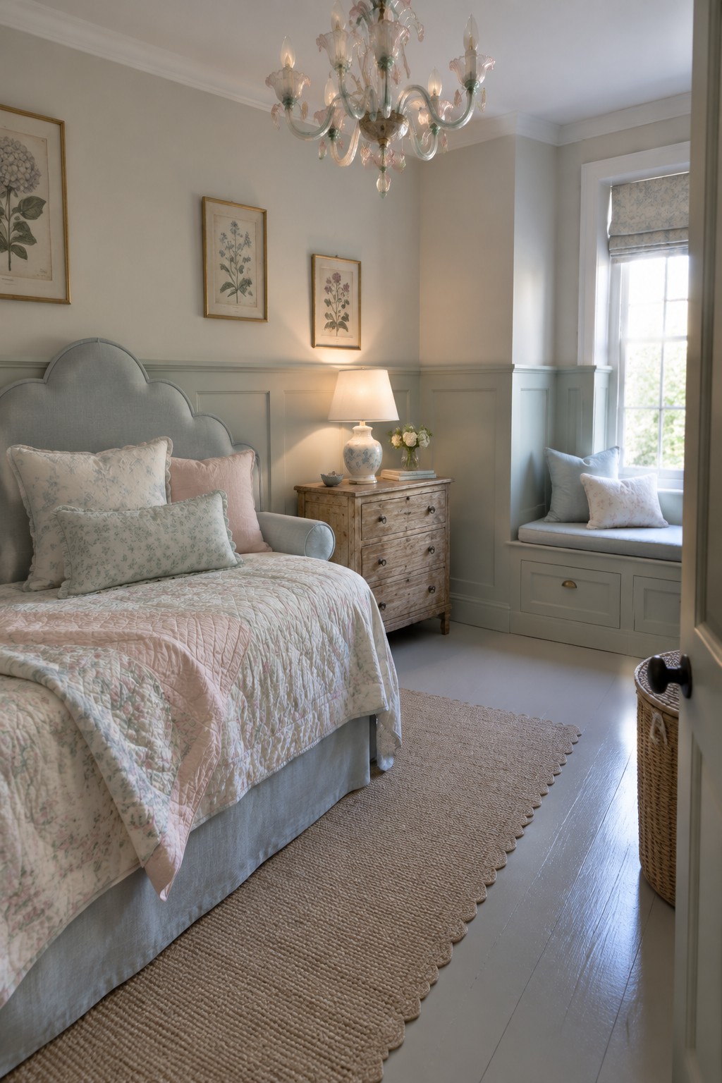 Bedroom with floral quilted bed, scalloped headboard, glass chandelier, and window seat