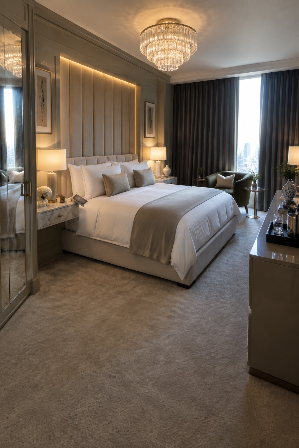 A large bedroom with a bed dressed in white linens, a crystal chandelier hanging from the ceiling, and backlit vertical millwork panels forming the headboard wall.