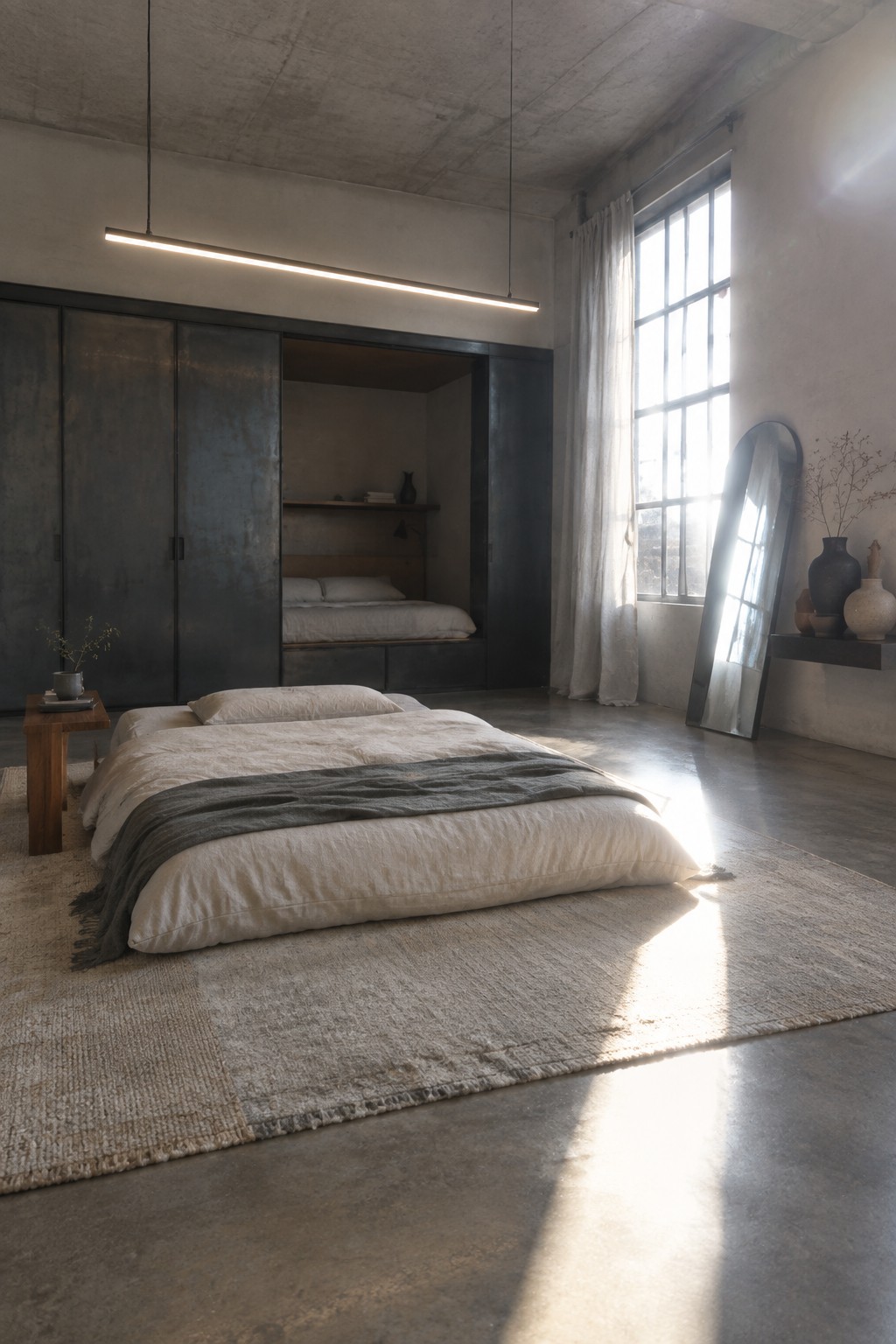 A minimalist bedroom with a large low bed on a textured rug, dark custom metal cabinetry incorporating a recessed sleeping alcove, concrete floors and ceiling, and a tall window with sheer white curtains.