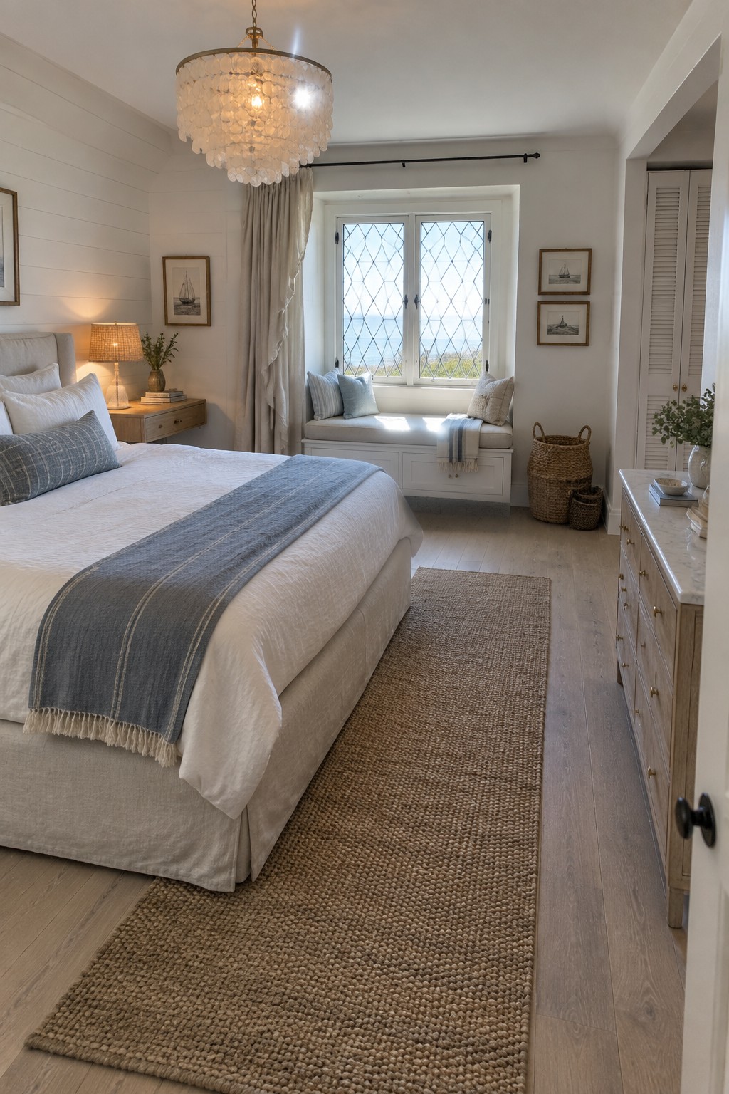A bedroom interior with a large bed, capiz shell chandelier, and white built-in window seat with storage drawers beneath a diamond-paned window.