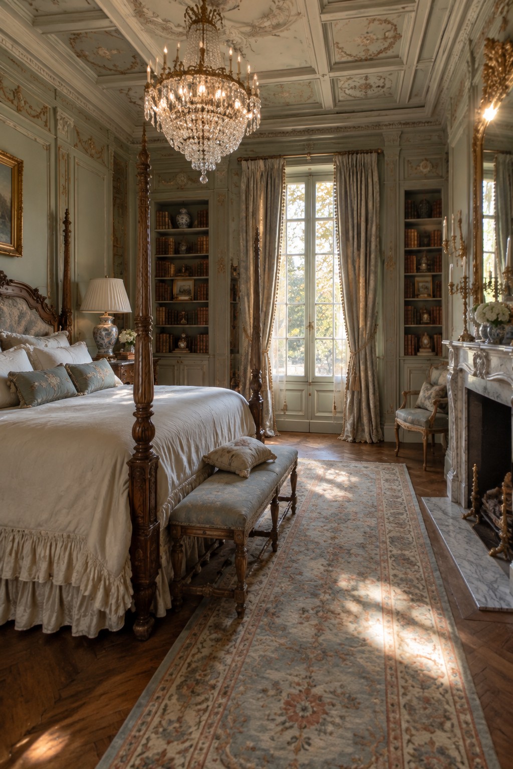 A grand bedroom interior featuring a four-poster bed with white linens, a large crystal chandelier, built-in bookshelves flanking French doors, and a marble fireplace on the right.
