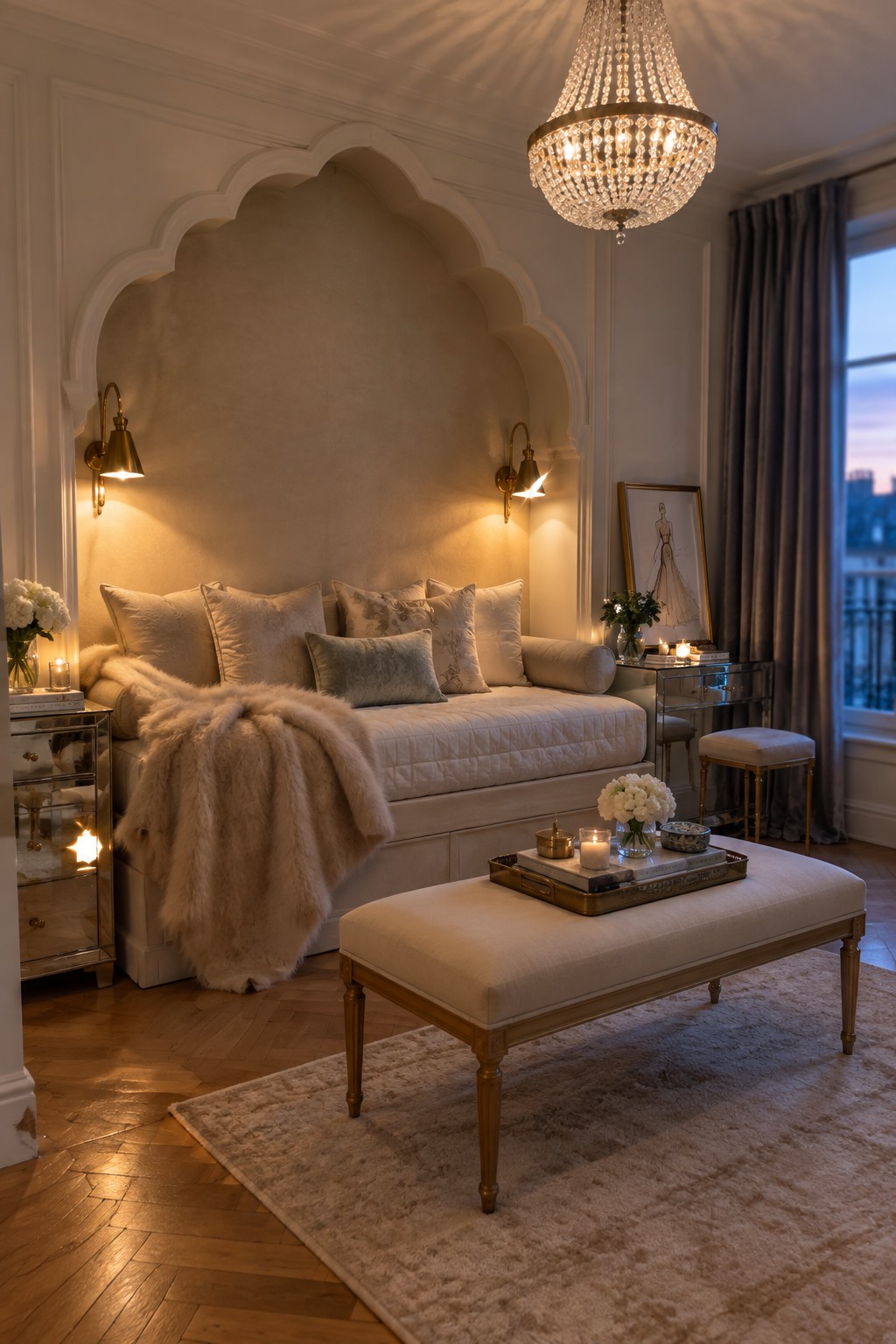 A bedroom interior showing a white daybed recessed into a large arched millwork alcove, with wall sconces on either side and a crystal chandelier overhead.