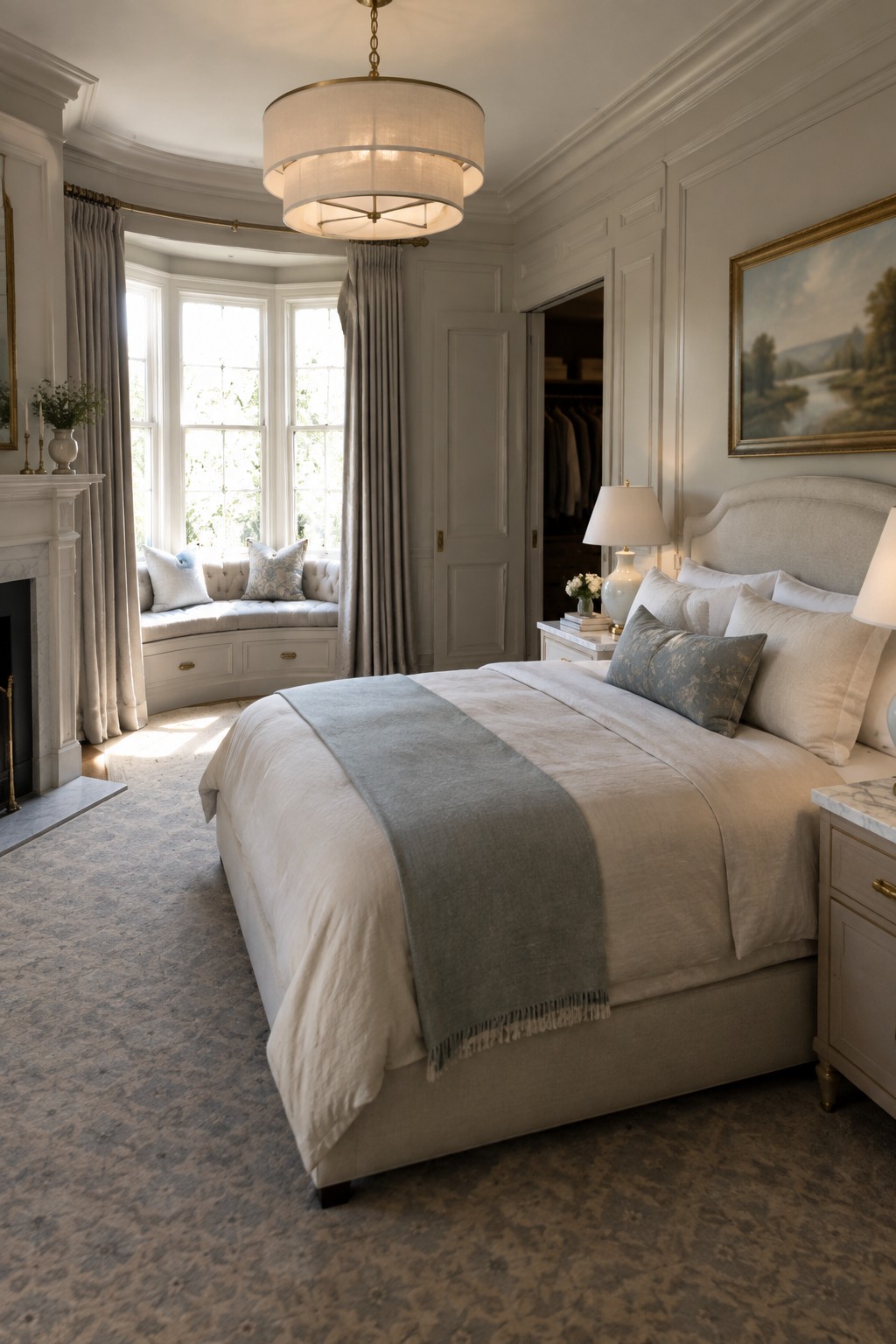 Elegant bedroom with upholstered bed, bay window seat, marble fireplace, and chandelier
