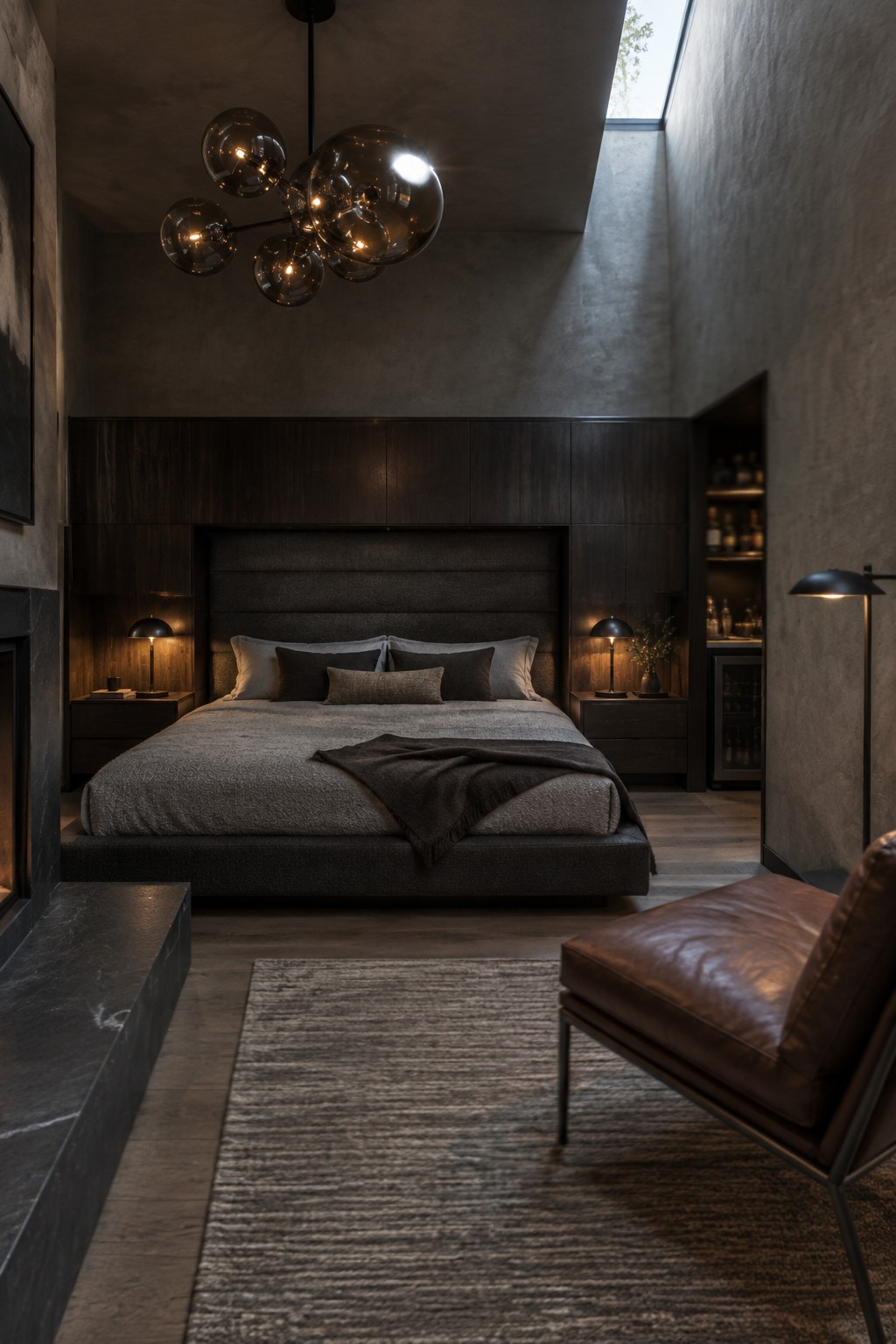 A modern bedroom featuring a large bed centered in dark wood built-in millwork, a multi-globe chandelier overhead, and a leather chair visible in the foreground.