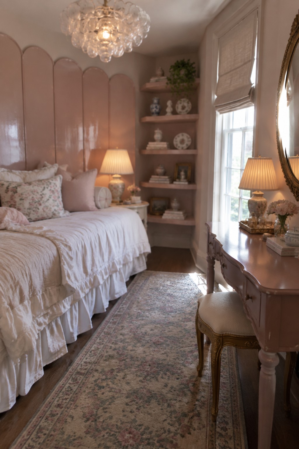 A bedroom interior showing a white ruffled bed against pink scalloped wall panels, with a bubble glass chandelier overhead, built-in shelves on the right, and a pink vanity desk near the window.