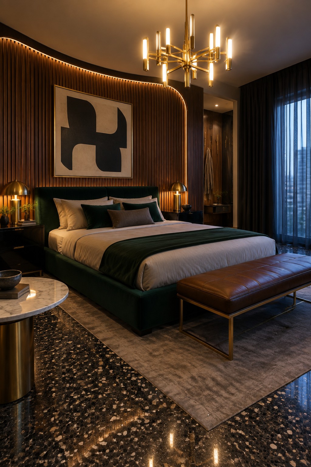 Luxurious modern bedroom with green velvet bed, chandelier, abstract art, and leather bench