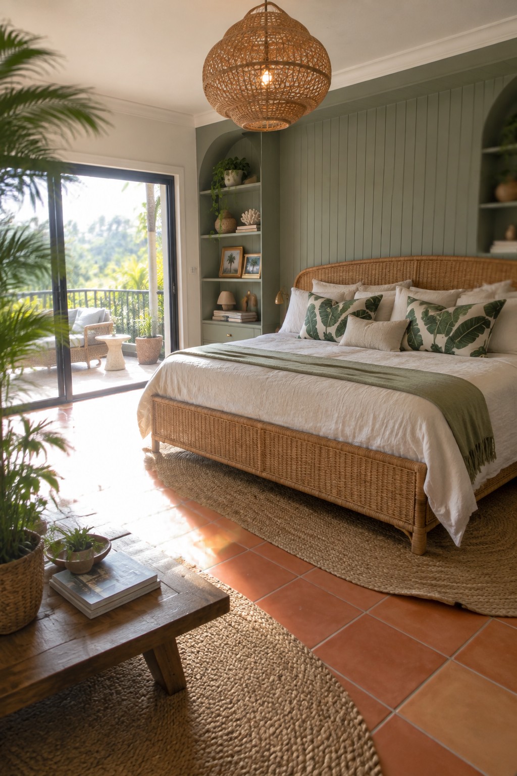 Wicker bed with white linens in sage green bohemian bedroom with balcony and plants