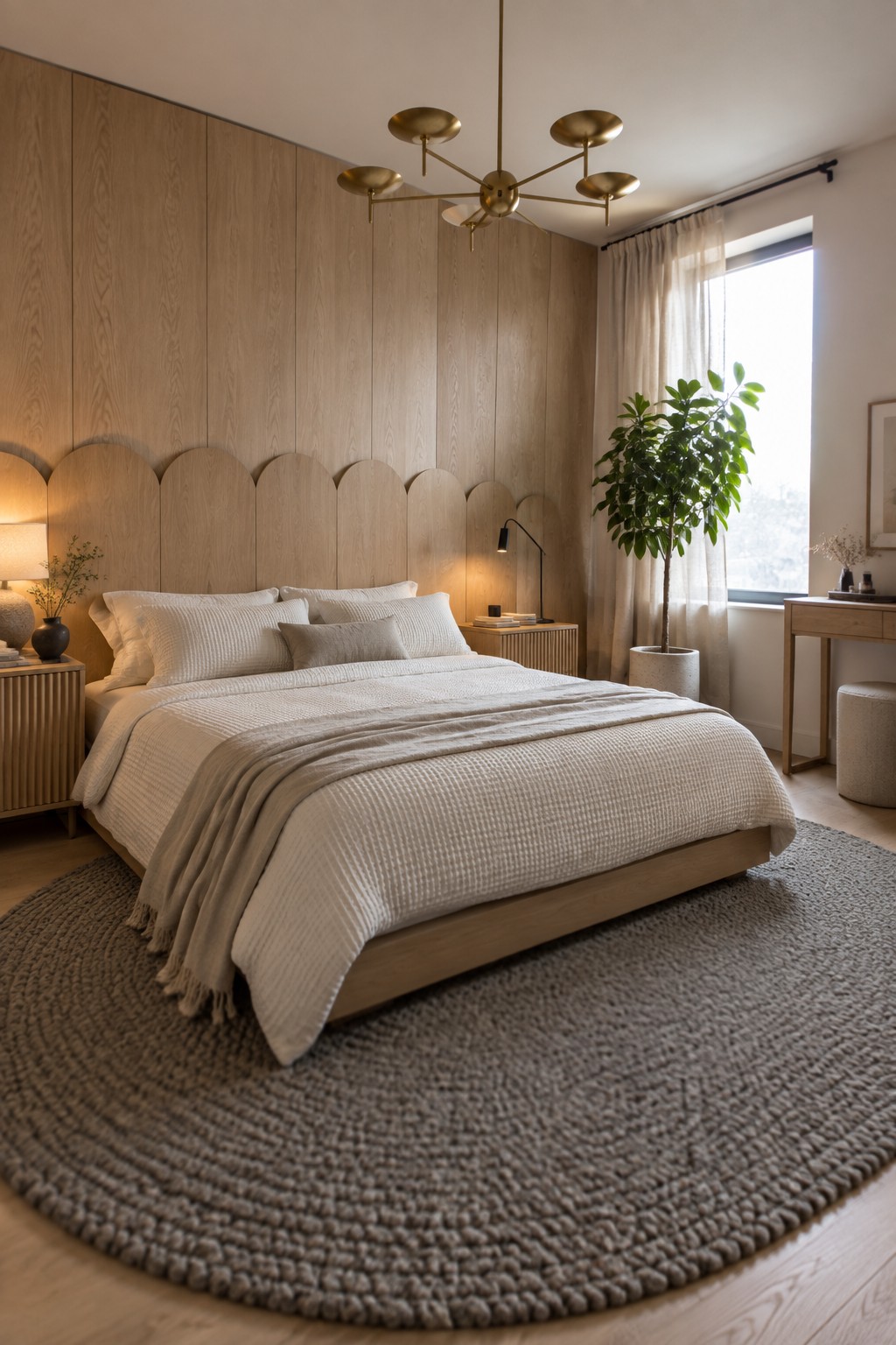 Modern bedroom with scalloped wood headboard, beige bedding, brass chandelier, and round gray rug