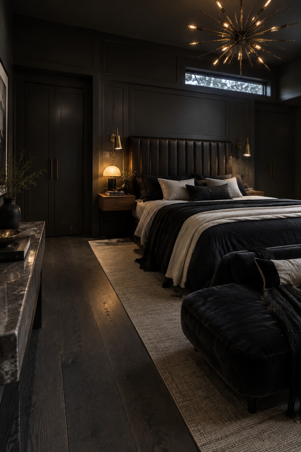 Dark luxurious bedroom with tufted bed, modern chandelier, and velvet bench