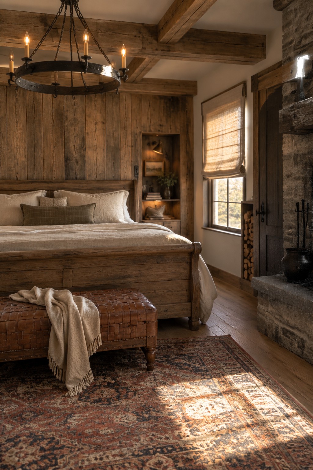 A bedroom with dark wood paneling and beams, a large wooden bed, a round metal chandelier with candles, a built-in wall niche, and a stone fireplace.