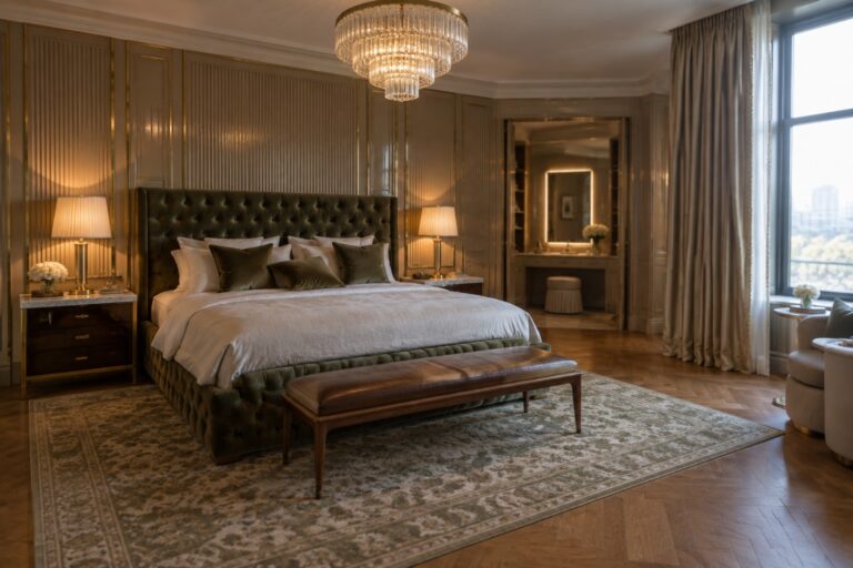 A bedroom with a large crystal chandelier centered above a bed that has a dark tufted headboard, flanked by two table lamps on nightstands, and a wall covered in vertical fluted paneling with gold trim.