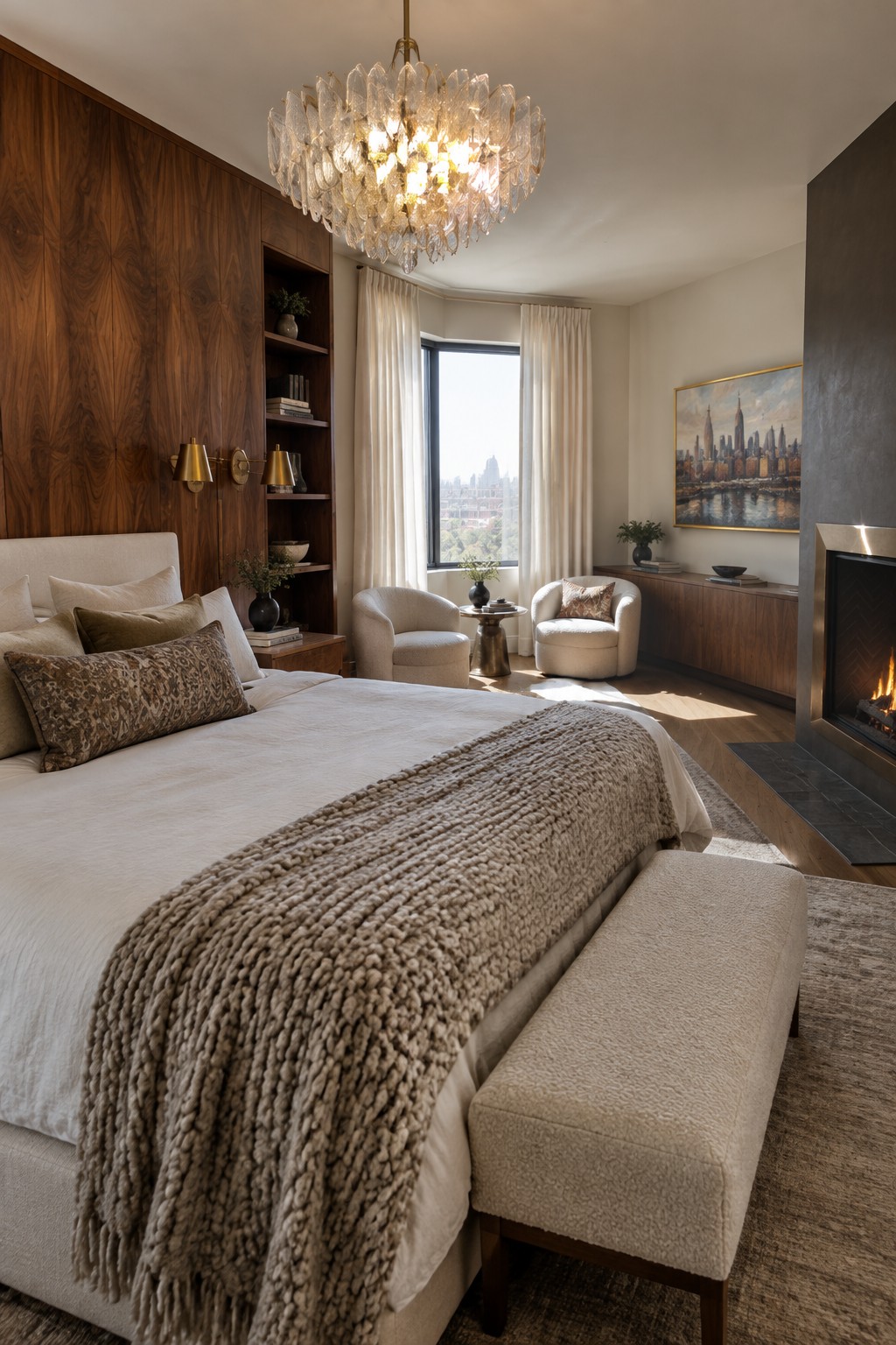 A bedroom with a large crystal chandelier, dark wood wall paneling and built-in shelving, a bed with neutral linens, two upholstered chairs, and a fireplace on the right side.