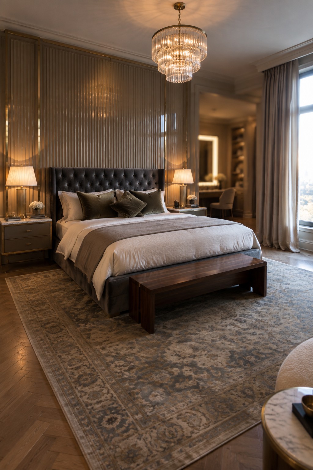 A bedroom with a large crystal chandelier centered above a bed that has a dark tufted headboard, flanked by two table lamps on nightstands, and a wall covered in vertical fluted paneling with gold trim.