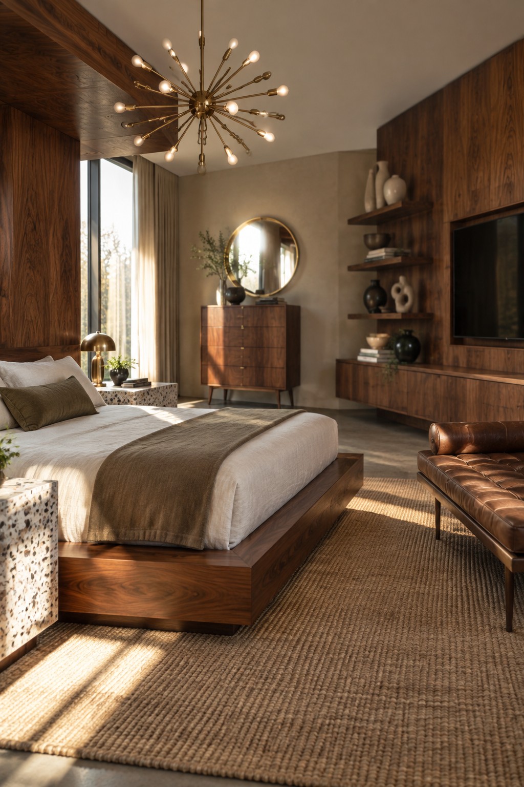 Modern bedroom with wooden platform bed, brass chandelier, leather bench, and woven rug in sunlight.