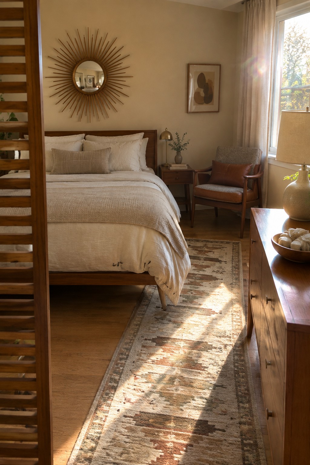 A bedroom featuring a wooden bed with layered white and beige linen bedding, a sunburst mirror on the wall above, a wooden nightstand, and sunlight casting shadows across a patterned rug.