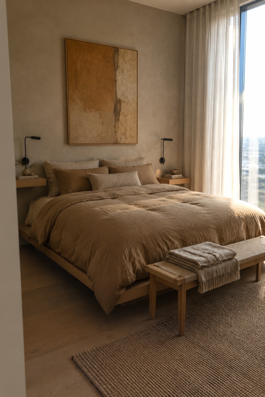 Minimalist bedroom with earth-toned linen bedding, wooden bed, abstract painting, and woven rug