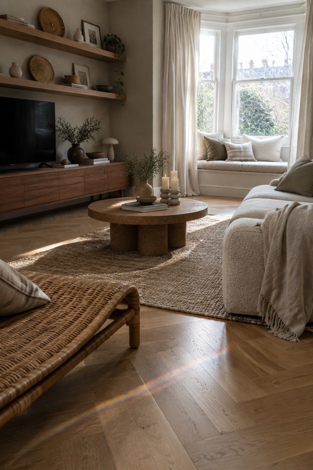 A living room interior featuring a round cork coffee table on a large woven rug, wooden media console with TV, floating wood shelves, a window seat, white sofa, and a woven chaise lounge in natural light.
