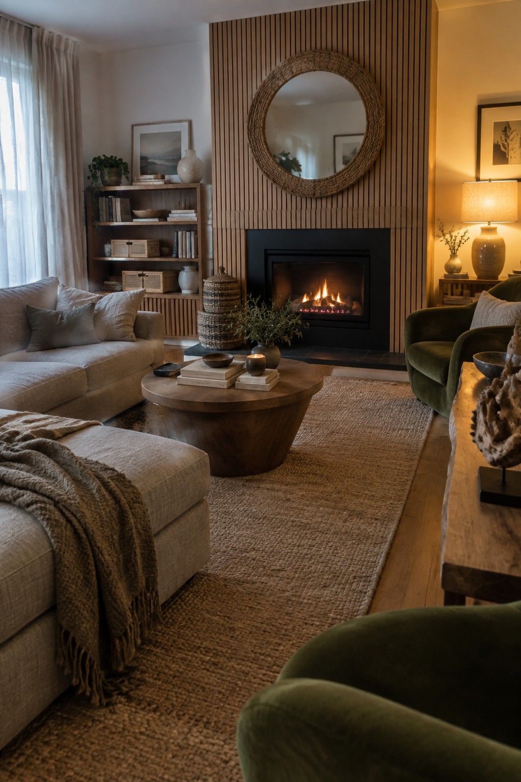 A living room with a round wooden coffee table centered on a large woven jute rug, a black fireplace with wood slat wall behind it, and neutral upholstered seating around the space.
