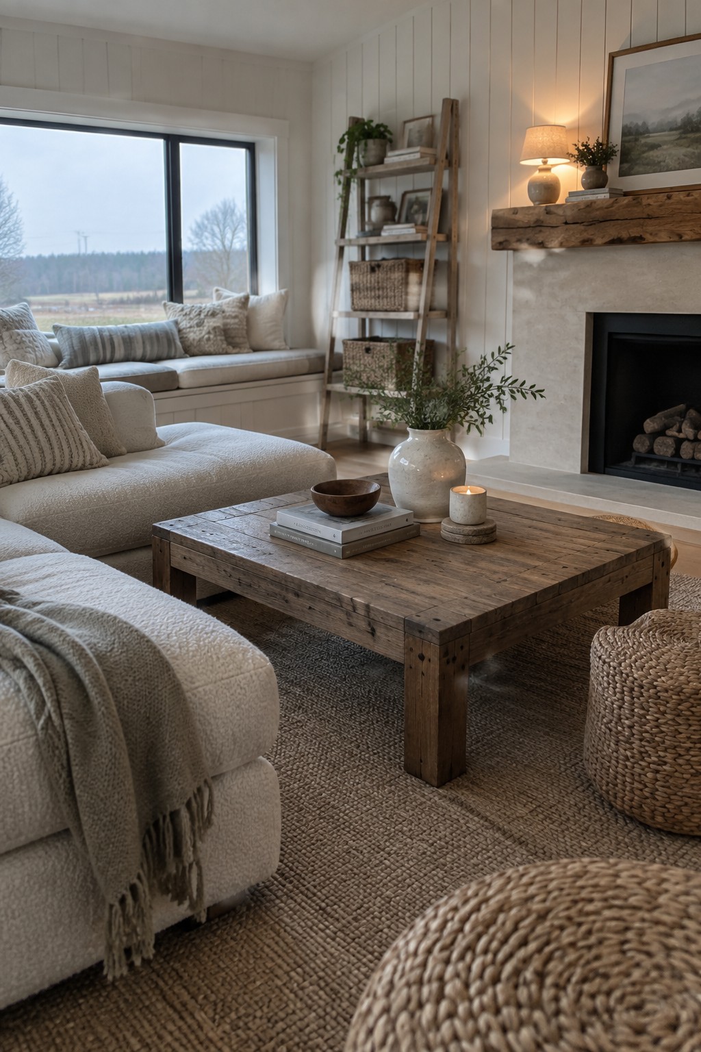 Cozy neutral living room with beige sofa, rustic wood table, fireplace, and window seat.