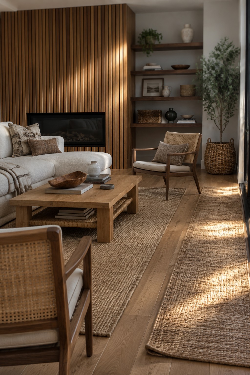 A living room with a white sectional sofa, wooden coffee table, woven rattan chairs, layered jute rugs on hardwood floors, and a vertical wood accent wall with built-in shelves.