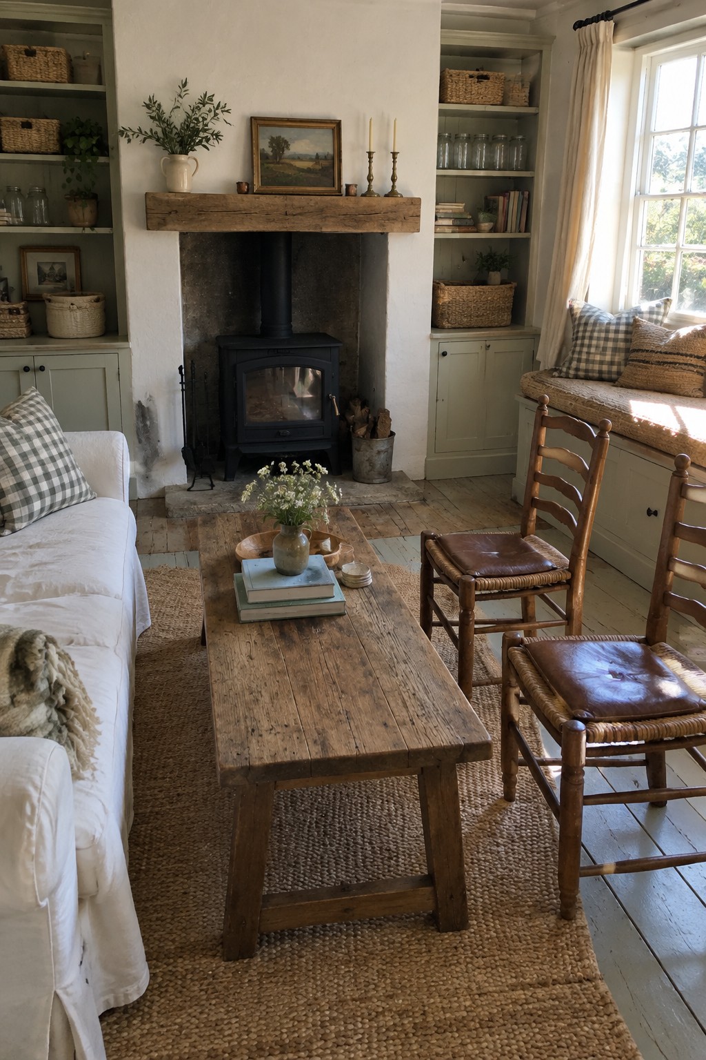 A living room with a large wooden coffee table on a jute rug, two wooden chairs with woven seats, a white sofa, and a black wood stove inside a white fireplace with built-in shelves on both sides.