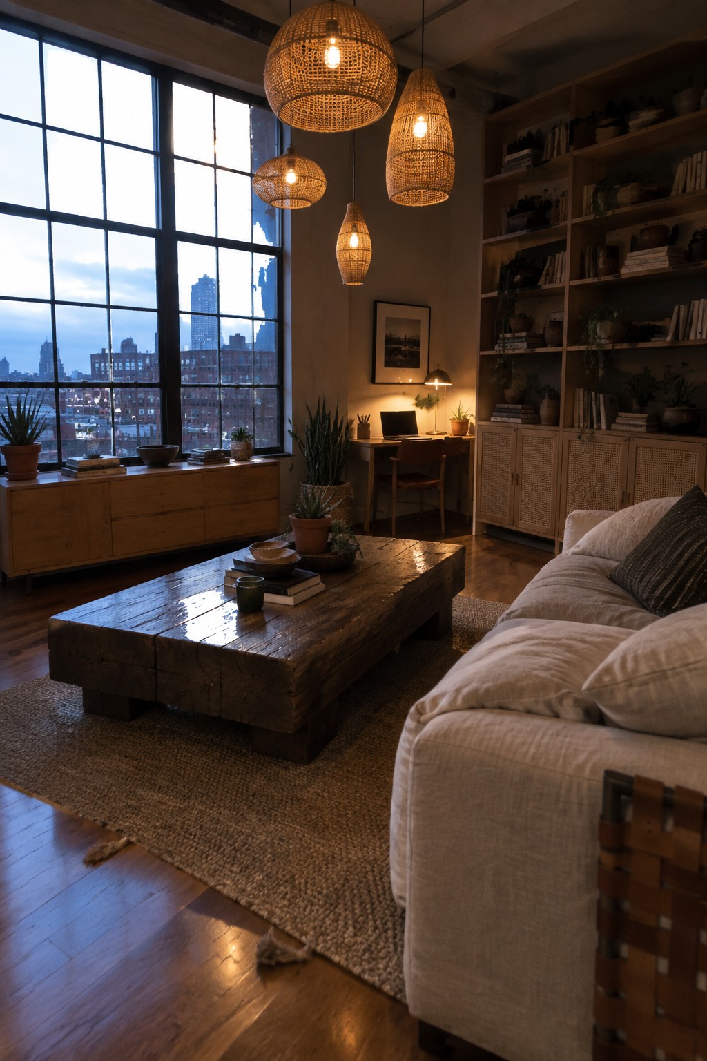 A living room featuring a large reclaimed wood coffee table on a woven rug, a light linen sofa, multiple woven pendant lights at different heights, and a tall window with a city view.