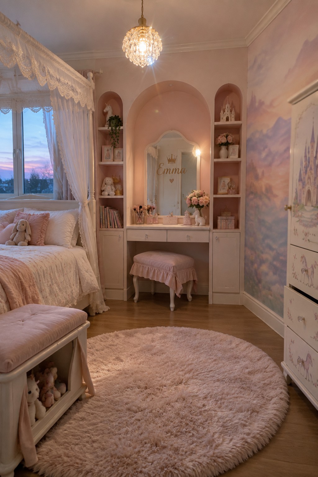 Pink princess bedroom with canopy bed, vanity mirror, and fluffy circular rug