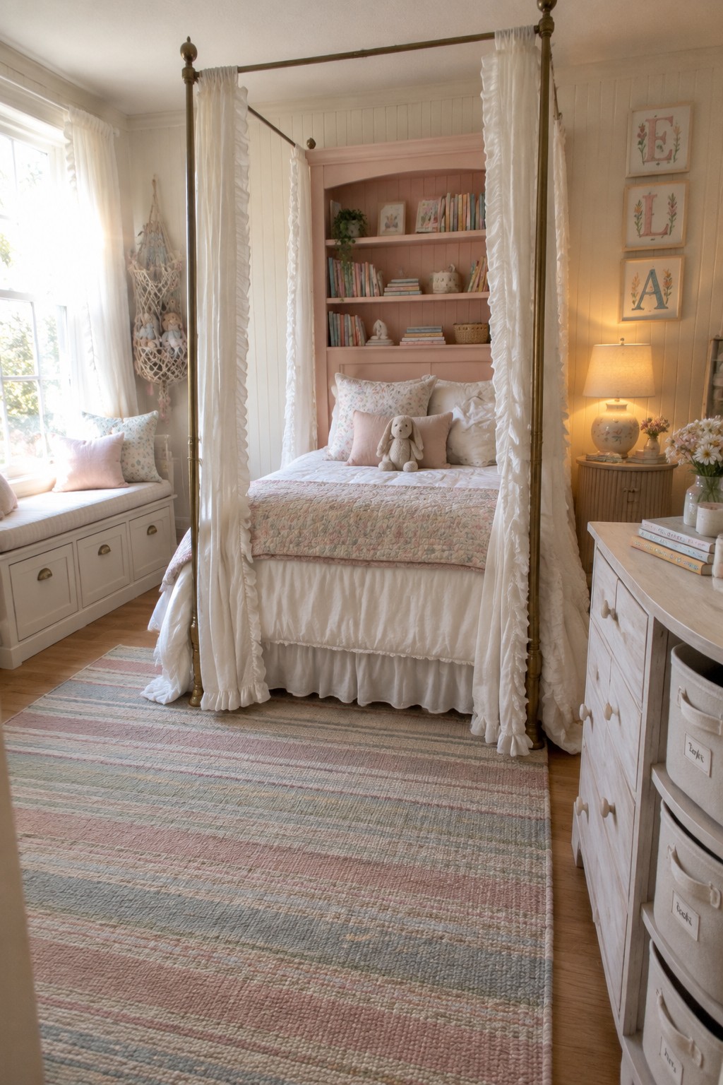 A bedroom with a brass canopy bed draped in white fabric, pink arched built-in shelves holding books above the headboard, a striped rug on the floor, and a white dresser with fabric storage bins.