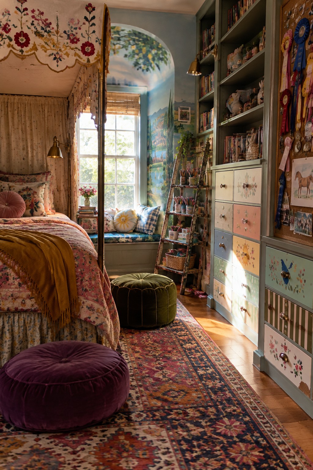 A colorful bedroom interior with a canopy bed on the left, a tall storage cabinet with multicolored painted drawers on the right, and a window seat in the background.