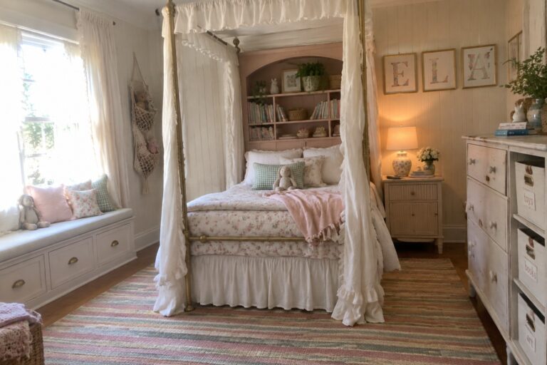 19 Charming Girls Bedroom Ideas with Canopy Beds and Personalized Storage A bedroom with a brass canopy bed draped in white fabric, pink arched built-in shelves holding books above the headboard, a striped rug on the floor, and a white dresser with fabric storage bins.