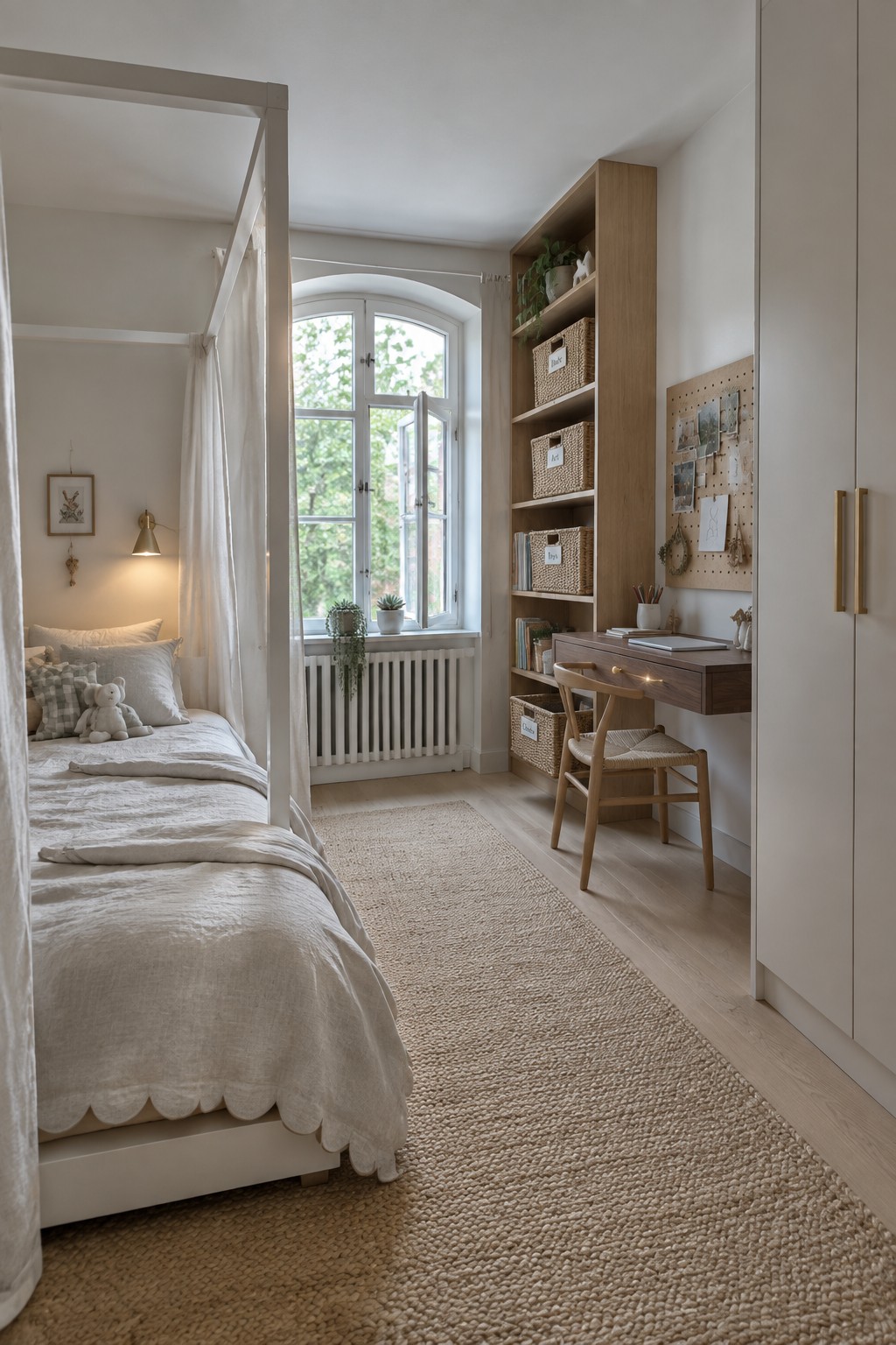 A bright girl's bedroom with a white canopy bed on the left and a tall wooden shelving unit on the right holding labeled wicker baskets, a small desk, and a pegboard.