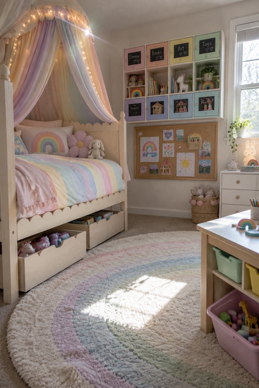 A bright child's bedroom with a wooden canopy bed dressed in rainbow bedding, wall-mounted storage cubbies with chalkboard labels, a corkboard, and a round rainbow rug.
