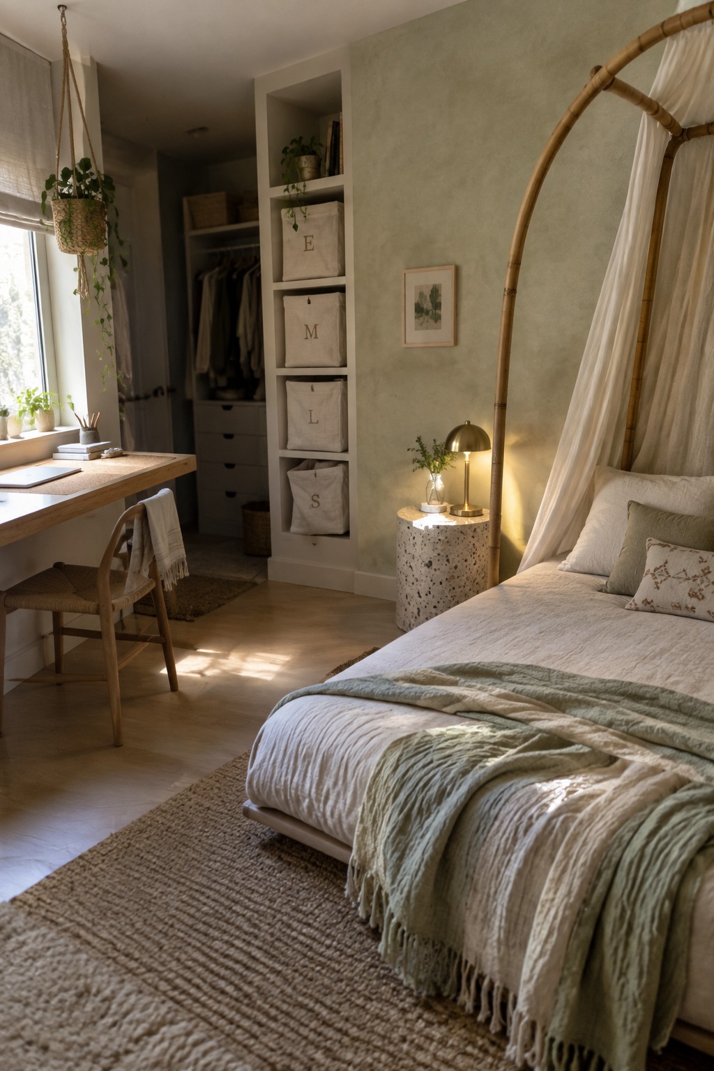 A bedroom interior showing a canopy bed beside a tall white built-in shelving unit filled with labeled canvas storage bins.