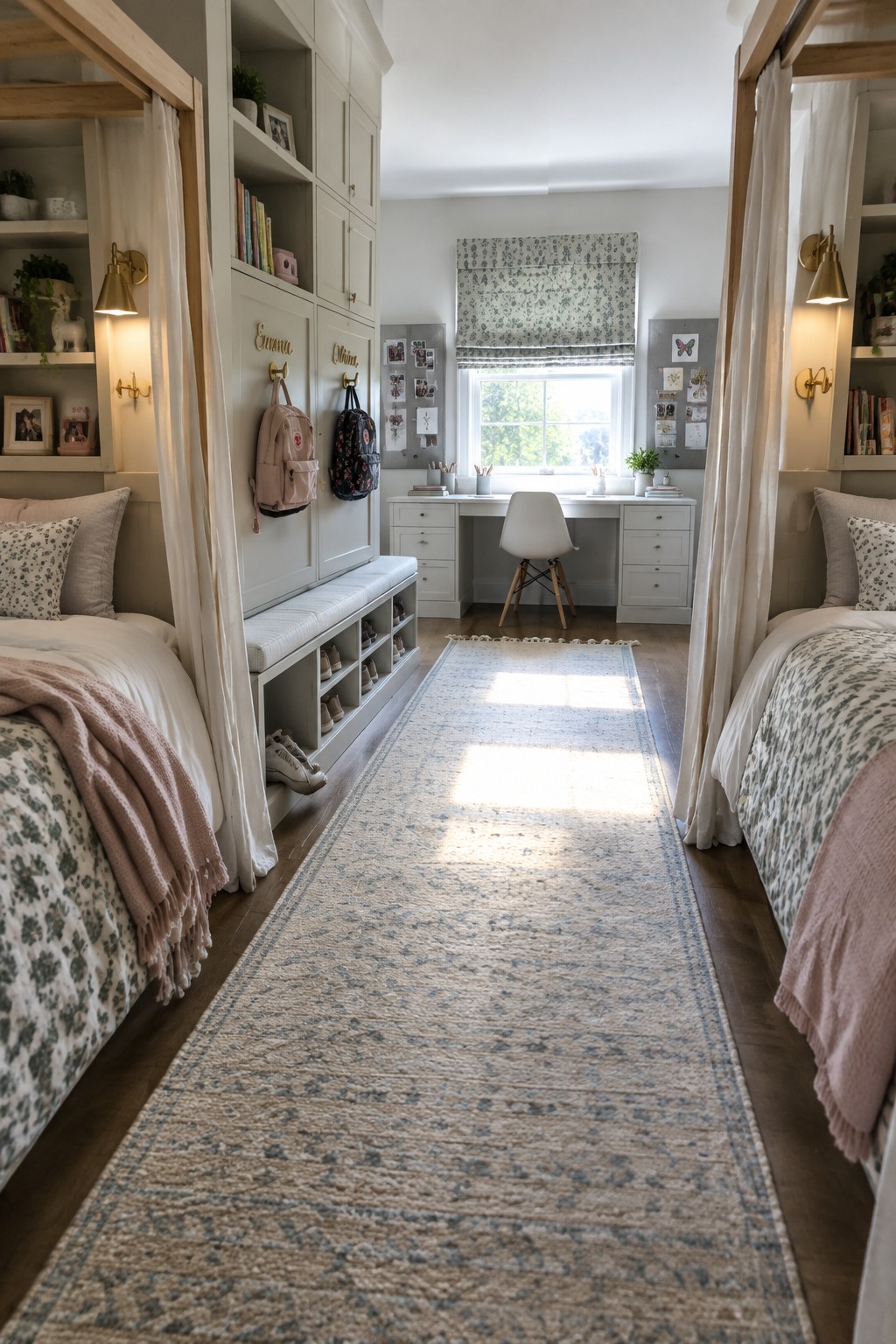 A shared girls bedroom featuring two canopy beds with curtains, a central built-in storage bench with shoe cubbies and labeled hooks holding backpacks, and a desk under the window.