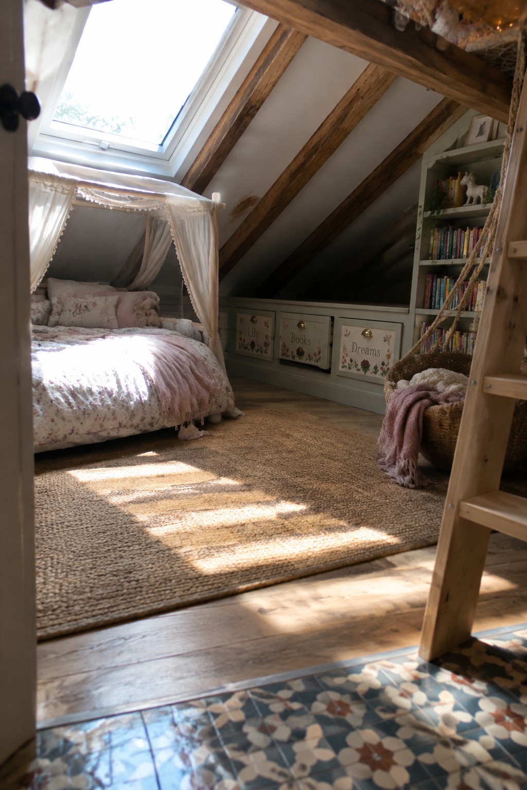 An attic bedroom with a floral canopy bed on a woven rug, built-in drawers labeled Lily, Books, and Dreams, and a bookshelf beside a hanging chair.