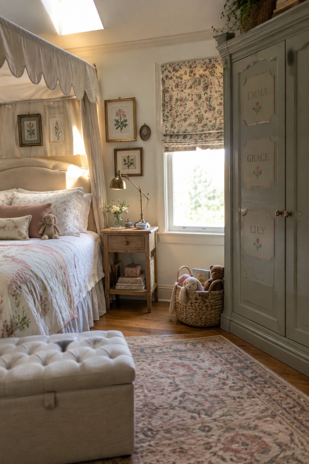 A bedroom interior with a canopy bed, floral bedding, a nightstand, a window with a floral roman shade, a woven toy basket, and a light blue wardrobe with three panels labeled Emma, Grace, and Lily.