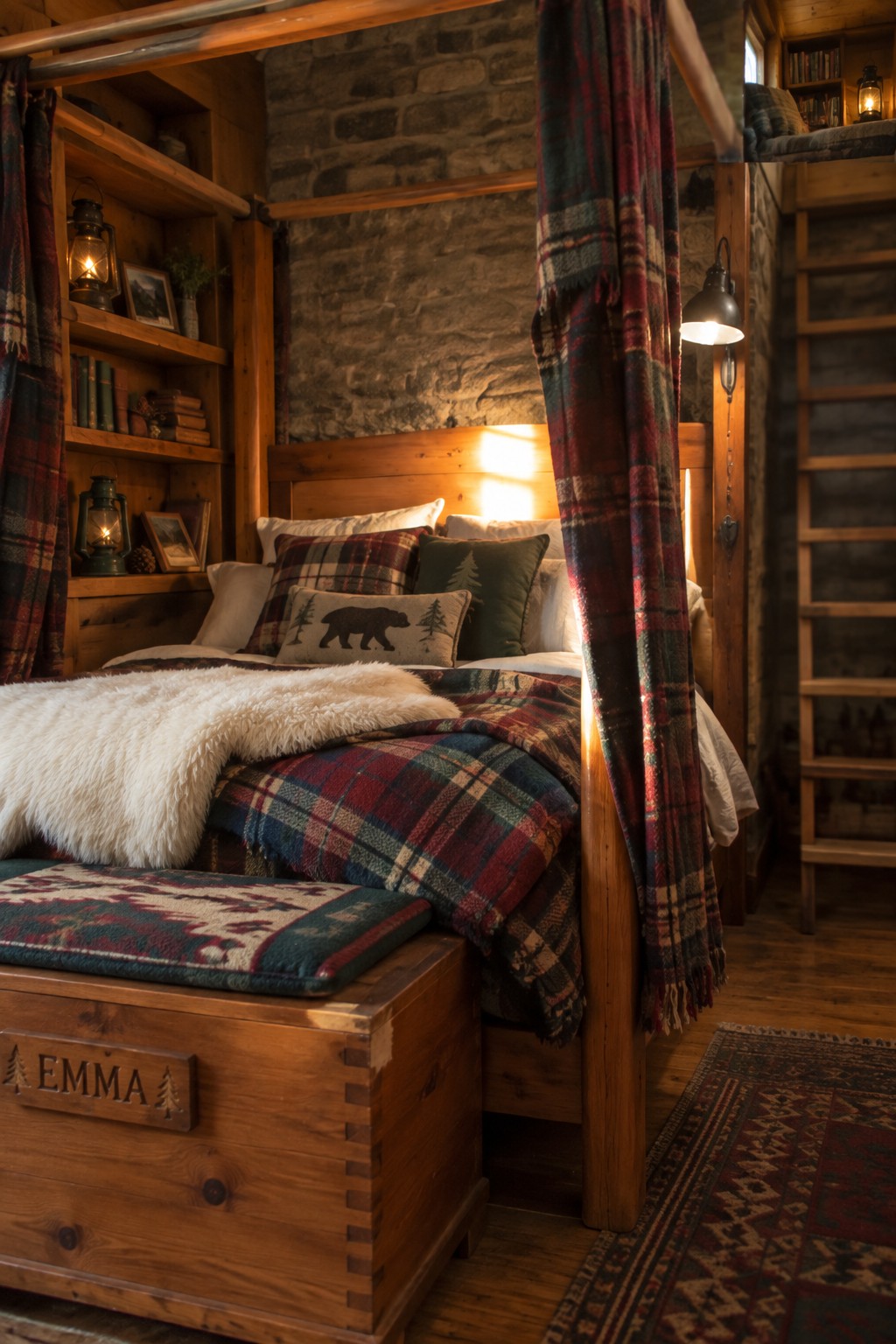 A wooden canopy bed with plaid curtains in a rustic bedroom, showing a carved wooden storage chest labeled Emma at the foot of the bed.