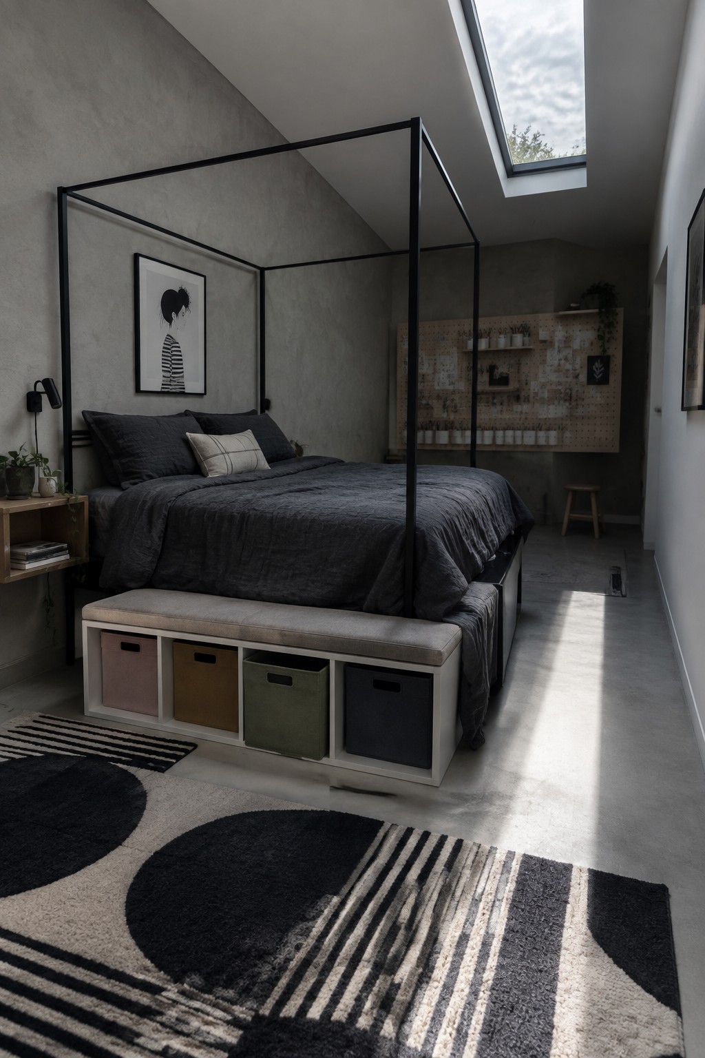 A bedroom with a black canopy bed, dark gray bedding, a long cushioned bench holding four colorful storage bins at the foot of the bed, and a pegboard wall with small shelves.