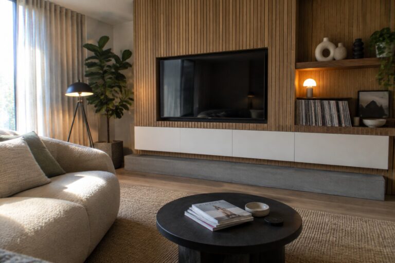 Minimalist living room with cream bouclé sofa, round wood table, slatted TV wall, and plant.